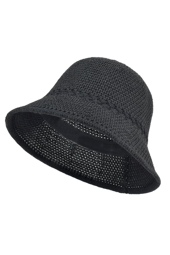 Packable Straw Bucket Hat for Women, Summer Beach Bucket Hat Foldable Woven Black