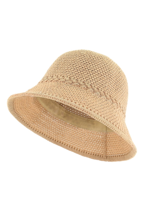 Straw Bucket Hat for Women, Packable Summer Beach Sun Hat with Adjustable Drawstring - Khaki