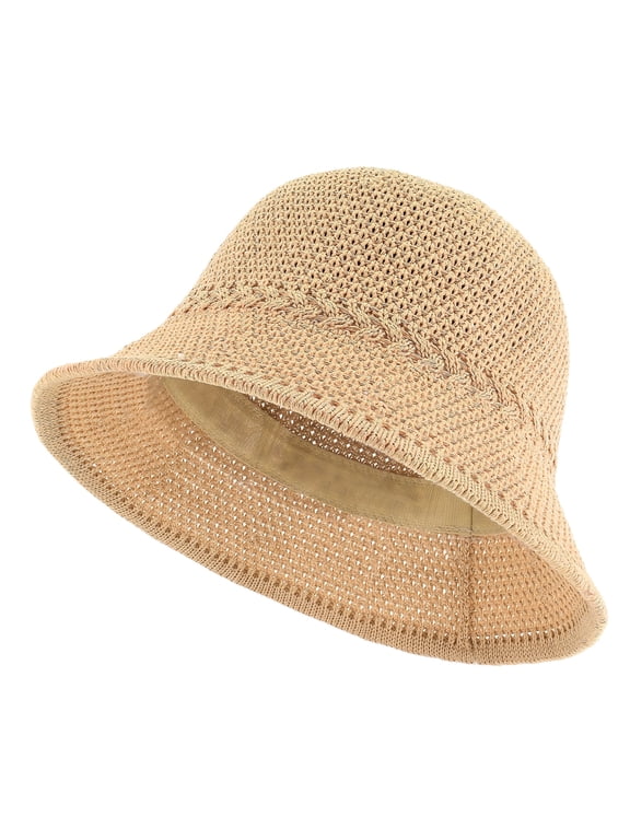 Straw Bucket Hat for Women, Packable Summer Beach Sun Hat with Adjustable Drawstring - Khaki