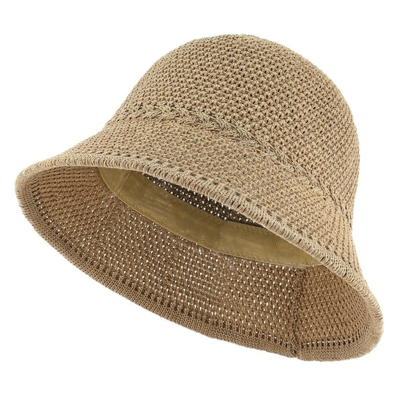 EINSKEY Packable Straw Bucket Hat for Women, Summer Beach Bucket Hat Foldable Woven Tan
