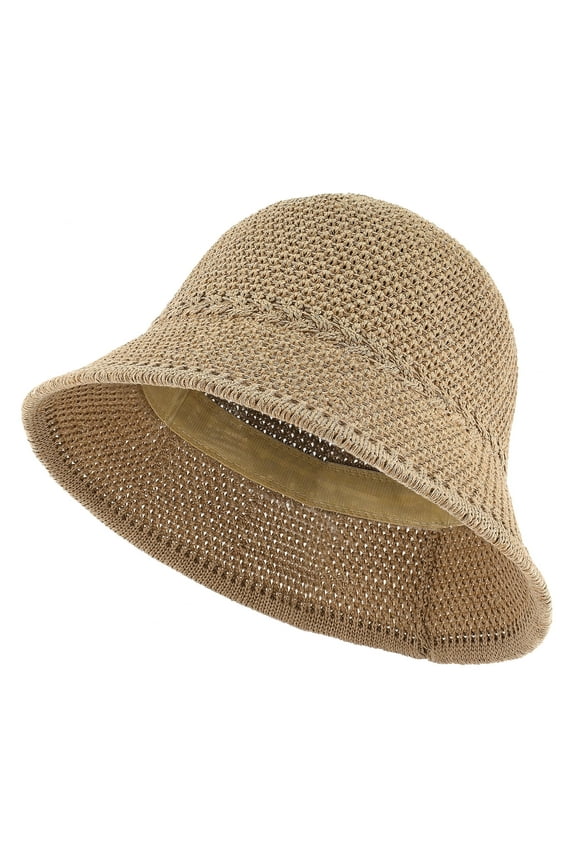 Packable Straw Bucket Hat for Women, Summer Beach Bucket Hat Foldable Woven Tan