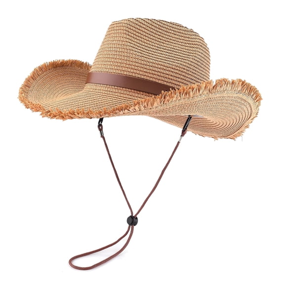 EINSKEY Straw Cowboy Hat with Fringe Shapeable Brim, Beach Cowgirl Hat with Chin Strap, Khaki