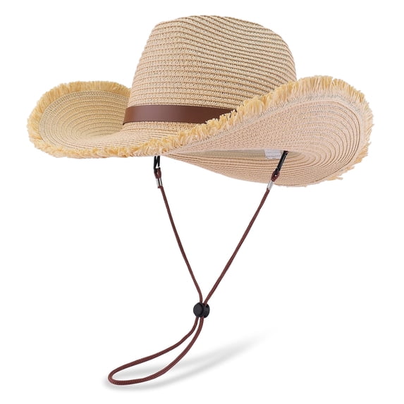EINSKEY Straw Cowboy Hat with Fringe Shapeable Brim, Beach Cowgirl Hat with Chin Strap, Beige