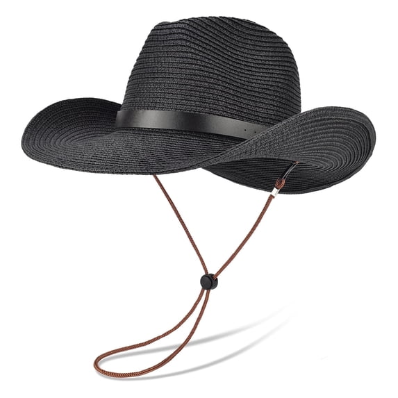 EINSKEY Straw Cowboy Hats for Men, Western Cowgirl Hat Women Wide Brim Fedora for Beach,Black