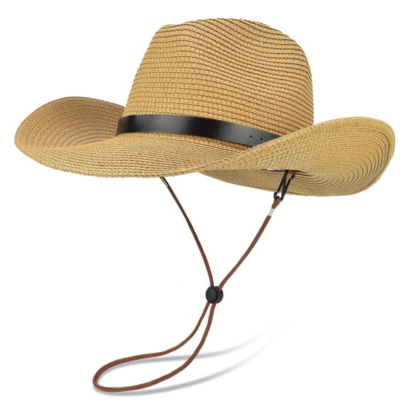 EINSKEY Straw Cowboy Hats for Men, Western Cowgirl Hat Women Wide Brim Fedora for Beach,Khaki