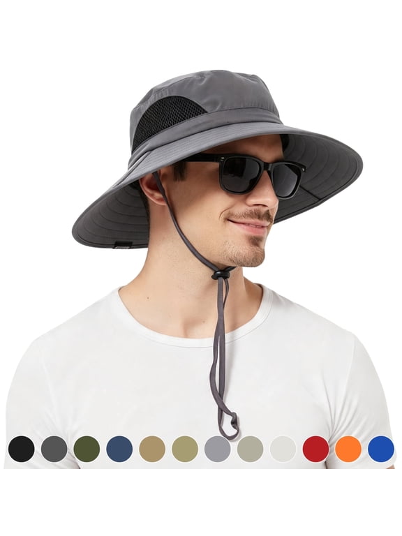 Sun Hat for Men Women, Waterproof Wide Brim Boonie Bucket Hat for Fishing Hiking - Dark Grey