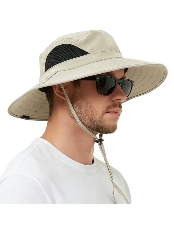 Sun Hat for Men Women, Waterproof Wide Brim Boonie Bucket Hat for Fishing Hiking - Beige