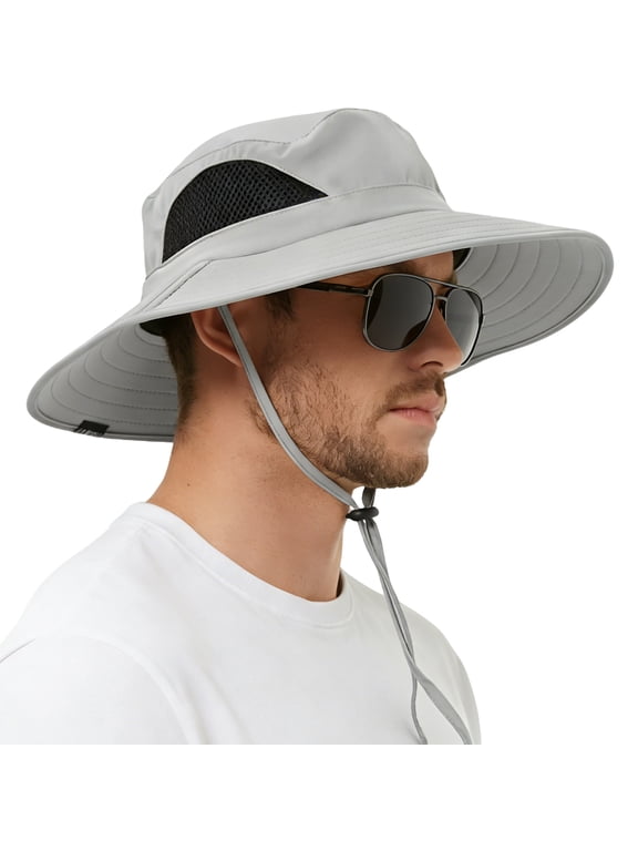 Sun Hat for Men Women, Waterproof Wide Brim Boonie Bucket Hat for Fishing Hiking - Light Gray
