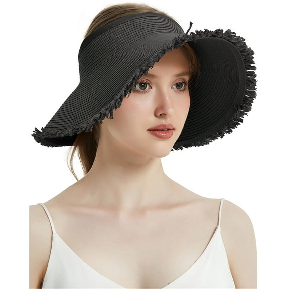 EINSKEY Women's Sun Visor Hat Packable Straw Floppy Wide Brim Ponytail Hat for Summer Beach Travel Golf Garden