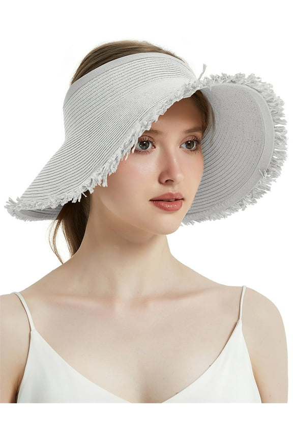 Women's Sun Visor Hat Packable Straw Floppy Wide Brim Ponytail Hat for Summer Beach Travel Golf Garden