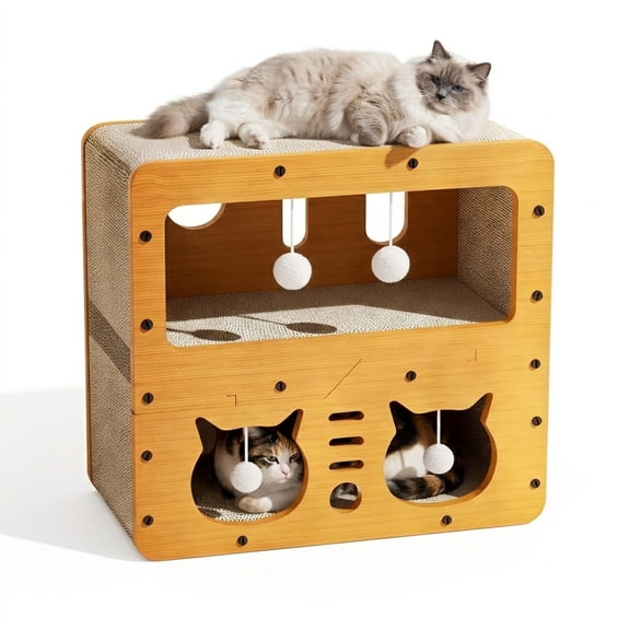 EIODEAR 2-Tier Wood-Look Cat Scratcher House - Multi-Level Indoor Cat Condo & Heavy-Duty Cardboard Lounge with Interactive Teaser Balls, 20.1" H