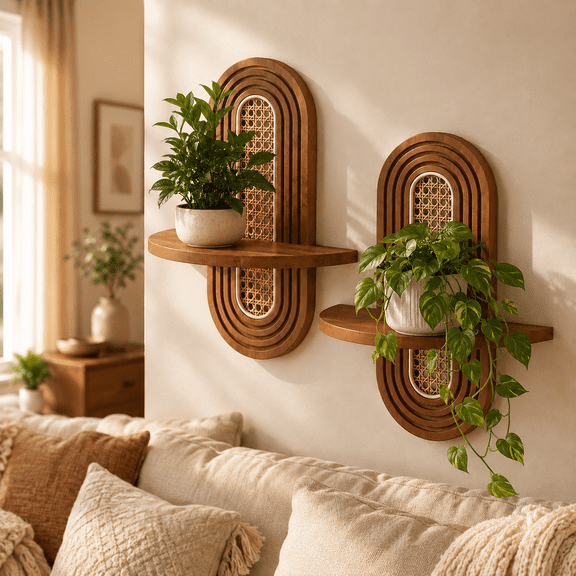 EIODEAR Wall Mounted Plant Shelf, Boho Rattan Plant Holder