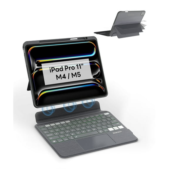 EIP Bluetooth Keyboard Case for iPad Pro 11 inch M5/M4, 11" Magnetic Detachable Cover with Trackpad, Patented Stylus Shortcuts, 7-Color Backlit Keys, Slim Protective Smart Case