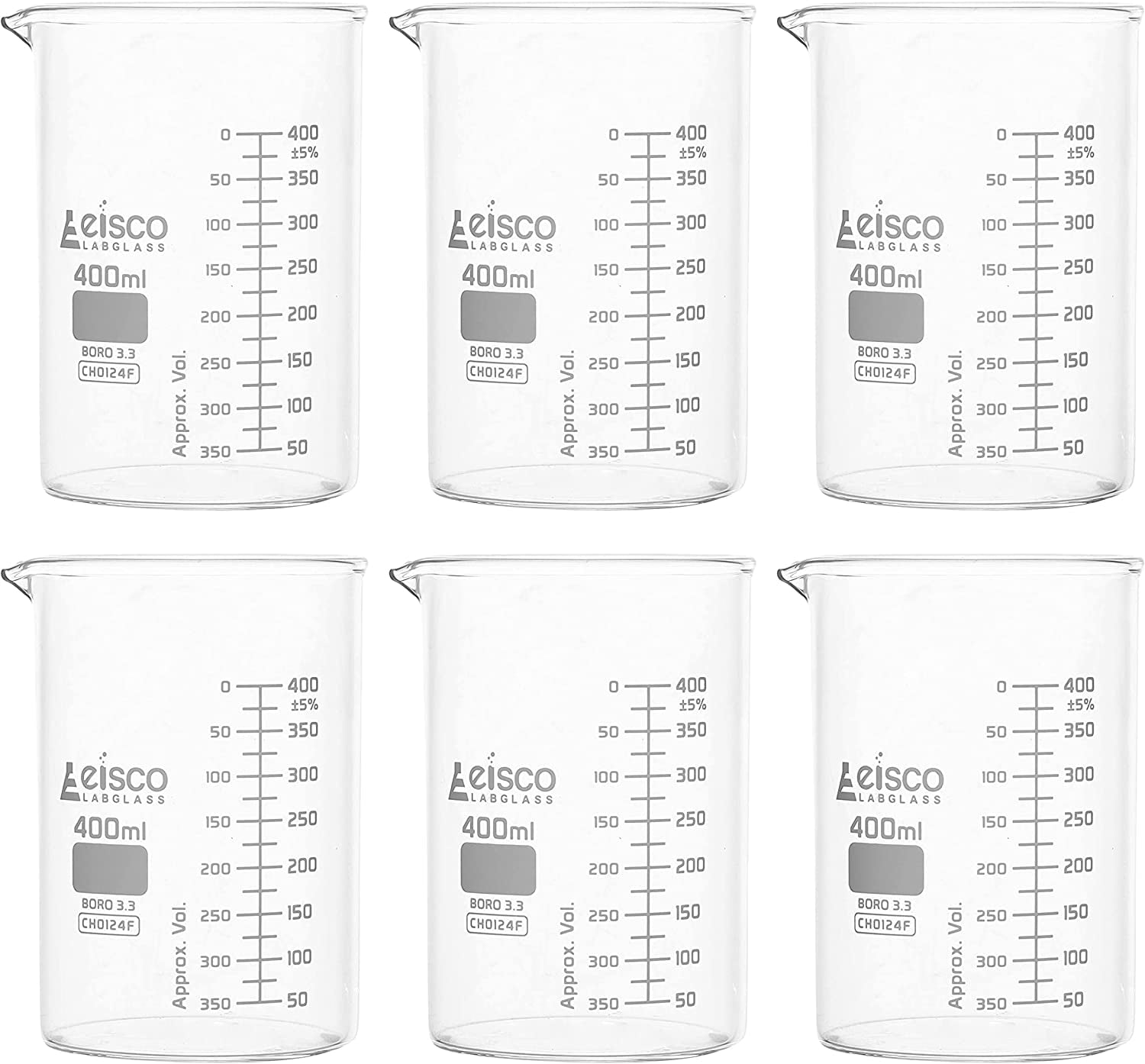 EISCO 6PK Beakers, 400ml - ASTM - Low Form with Spout - Dual Scale ...