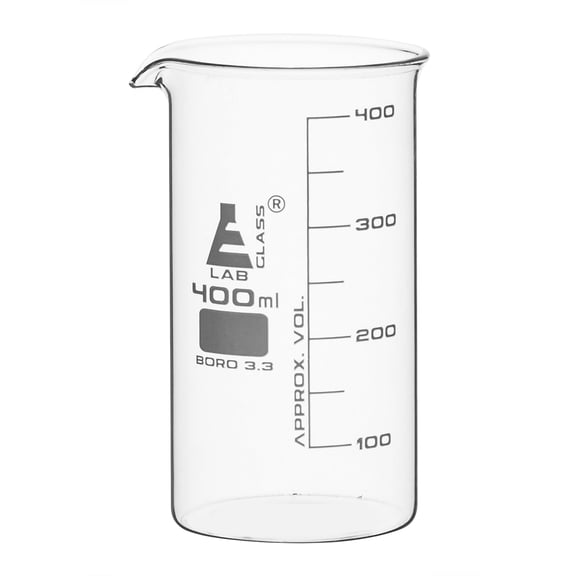 EISCO Beaker, 400ml - Tall Form with Spout - White, 50ml Graduations - Borosilicate 3.3 Glass