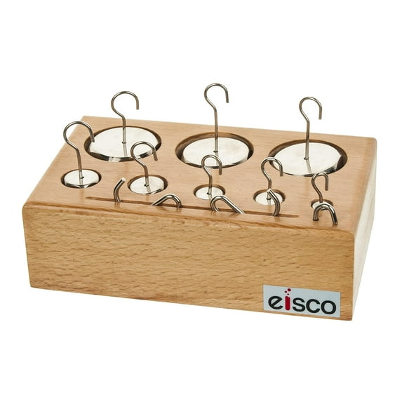 EISCO Brass Weight Set - 8 Weights & 3 Spare Hooks - with Wooden Storage Block