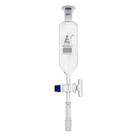Dropping Funnel, 100mL - Pressure Equalizing - Borosilicate Glass with 14/23 Plastic Stopper & PTFE Key Stopcock - Eisco Labs