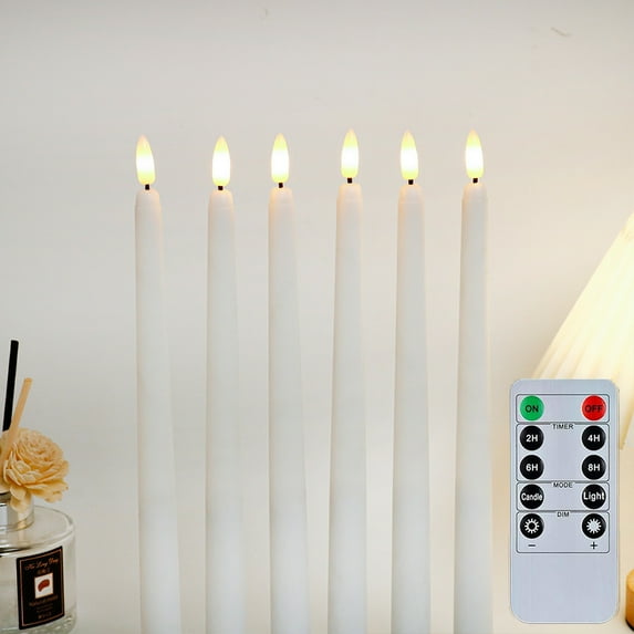 EISHOW 6 Pcs Waxy Flameless Taper Candles with Remote, Led Flameless Candlesticks Classic Tall Taper Candles, Flickering Battery Operated Taper Candles for Bedroom, Dining Room, White, 9.6 inches