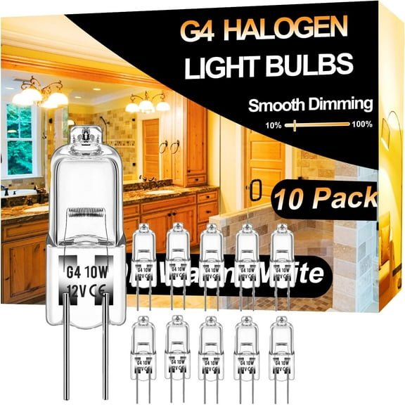 EISHOW Halogen 10 Watt 12 Volt Light Bulbs 2 Pin G4 Base-10 Pack Long Lasting G4 Halogen Bulb, High Output G4 Bulb Dimmable with G4 Bi-Pin Base, G4 Warm White 2800K for Under Cabinet Puck Light