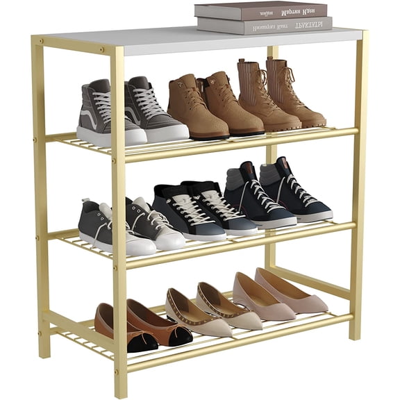 EISRUNG 4-Tier Shoe Rack, Shoe Storage Shelf, Industrial Shoe Tower, Narrow Shoe Organizer for Closet Entryway, Small Shoe Rack Table with Durable Metal Shelves, Gold