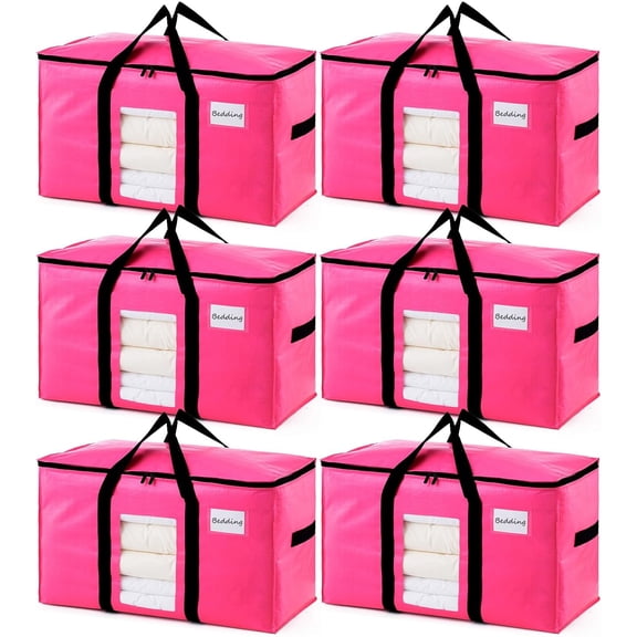 EISRUNG 6 Pack Pink Extra Large Moving Bags, Heavy Duty Totes with Visible Window, Wrap Around Handles, Space-Saving Storage Solution, Alternative to Moving Boxes