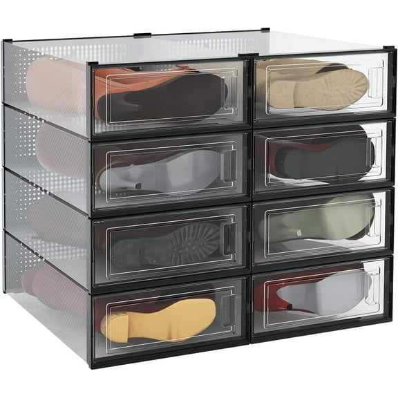 EISRUNG 8-Piece Boot and Shoe Storage Box, Stackable Clear Plastic Shoe Box, Space-Saving Shoe Organizer for Boots, Sneakers, and High Heels, Black