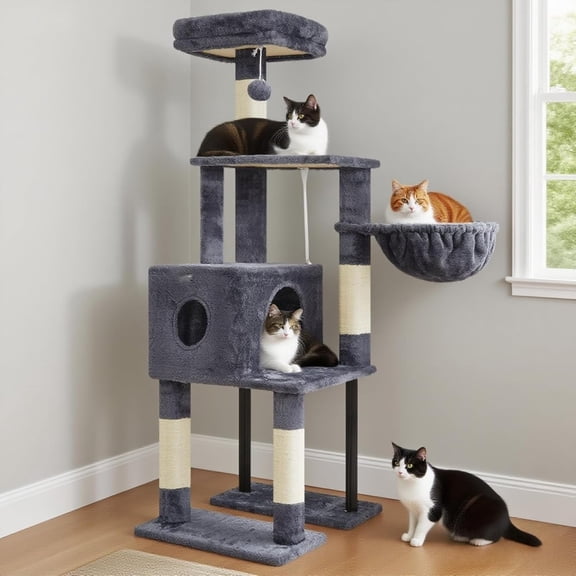EISRUNG Cat Tree, 49.2 Inches Cat Tower for Indoor Cats, Spacious Cat House Condo with Hidden Space,Sturdy Steel Tube,Soft Plush Top Perch,Cozy Hammock and Sisal Scratching Posts, Smoky Gray HCT200SG