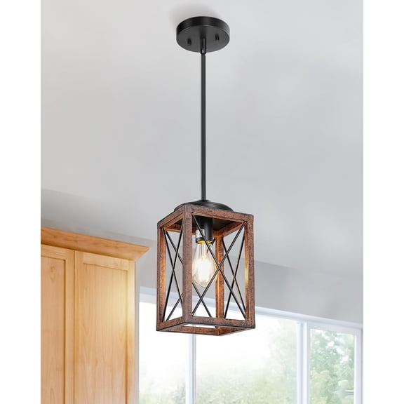 EISRUNG Farmhouse Pendant Light, Metal Hanging Light Fixture with Wooden Grain Finish, 48 Inch Adjustable Pipes for Flat and Slop Ceiling, Kitchen Island, Bedroom, Dining Hall, E26 Base