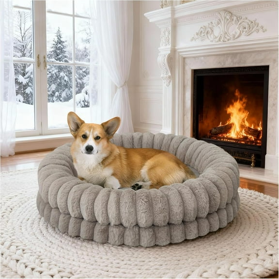 EISRUNG Luxury Donut Dog Bed, 36 Inches Round Dog Beds Large Sized Dogs Washable, Orthopedic Calming Dogs Bed for Pets with Anti-Slip Bottom, Oatmeal
