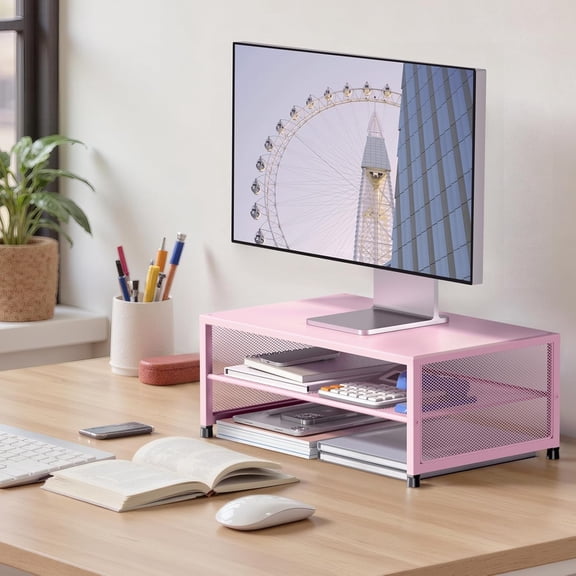 EISRUNGF- 2-Tier Computer Monitor Stand Riser, Desk Organizer for Monitor, Printer & Laptop Stand, Desktop Workspace Organizers for Office Supplies(Pink)