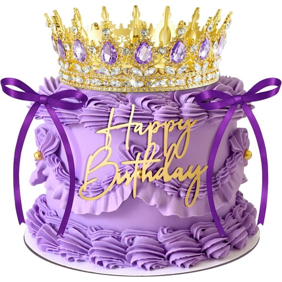 EISRUNGF- 8 Pcs Queen Crown Cake Topper for Women, Happy Birthday Princess Tiaras Headband with Bow Tie Wedding Cake Decorations for Birthday Party Supplies(Gold and Purple)