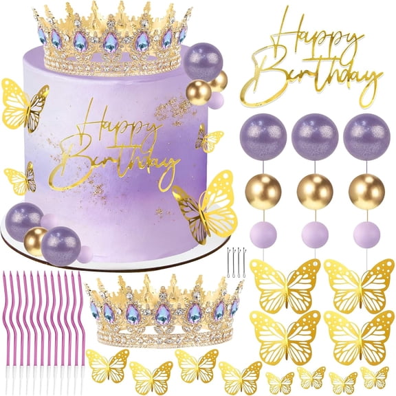 EISRUNGF- Crown Cake Topper, Purple & Gold Crown Balls Happy Birthday Cake Toppers Candles Butterfly, Corona Para Pastel, Crown Cake Decorations for Women Queen Princess (Gold, Moonlight Purple)
