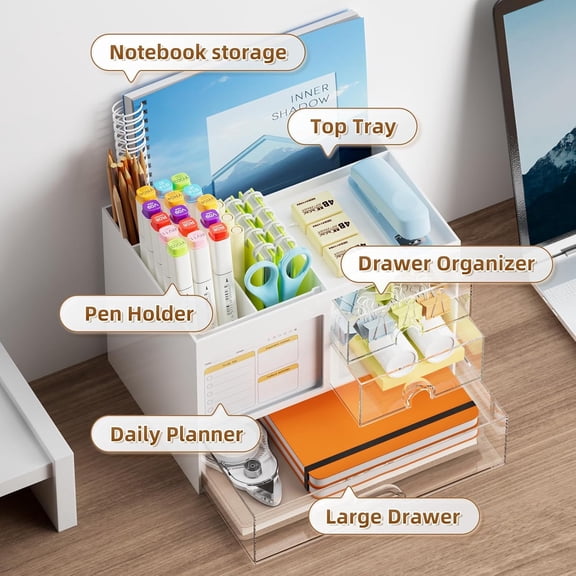 EISRUNGF- Desk Organizer with 3 Drawer, Multi-Functional Pencil Pen Holder, Desk Organizers and Accessories with 4 Compartments,Desktop Organizer Storage for Office Home Art Supplies (Purple)