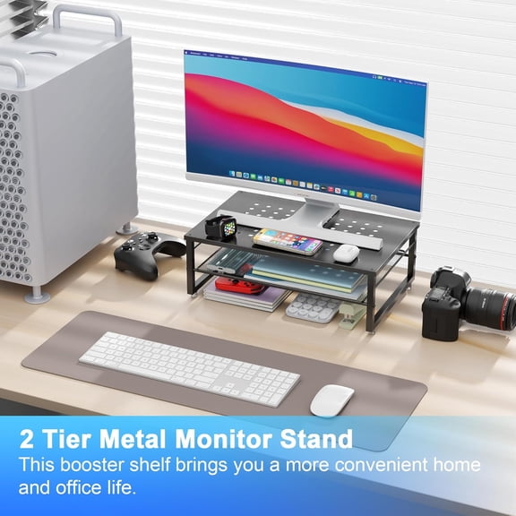 EISRUNGF- Desk Organizers and Accessories, 2-Tier Metal Monitor Stand Riser, Desk Organizer for Monitor, Office Desk Storage Organizer for Office Supplies (Black)