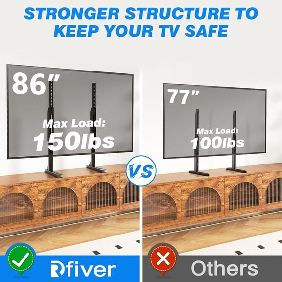 EISRUNGF Height Adjustable Table Top TV Stand (Black) – Steel Base w/Cable Management, Fits 37–86 Inch Flat/Curved TVs, Max Load 150 lbs, Max VESA 800x600mm