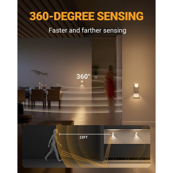 EISRUNGF- LED Plug-in Night Light with 360° Motion Sensor, 1-150 Lumens Dimmable Nightlights Indoor for Bathroom, Bedroom, Hallway, Stairs, Pet House, 2 Pack