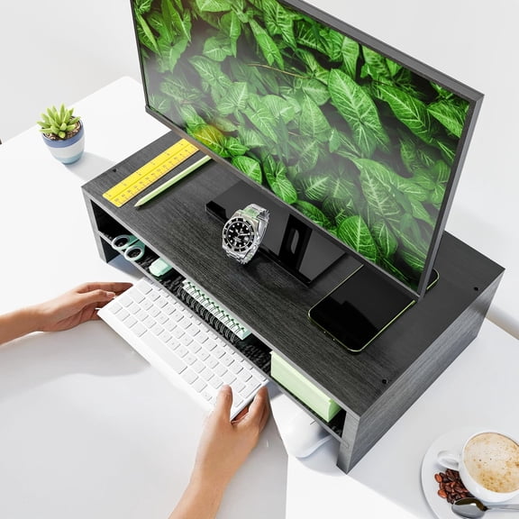 EISRUNGF- Simpple Trending Monitor Stand Riser, 2 Tier Wood Office Desk Storage Organizer for Laptop, Computer, Black