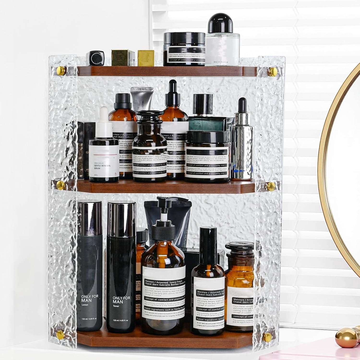 Vanity Organizer Rack EIYEHOOMBIU 3-Tier Corner Bathroom Counter Organizer Wooden Skincare ...