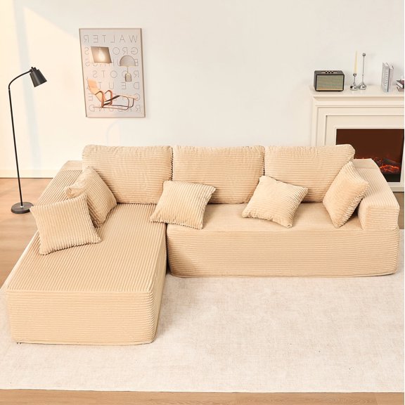 EJC 107 inches Boneless Couch, Sofa Bed Couch for Living Room with Memory Foam, L Shaped-Left, Modern, Adult, Corduroy, Camel