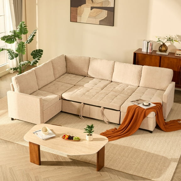 EJC 107-U-Shaped Sectional Couch with Storage Space, Living Room Extra Wide and Deep Seating Couches for Adults, Removable Sofa Cover, Modern, Chenille, Flat White