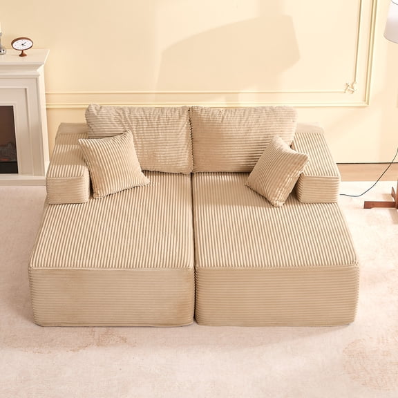 EJC Chaise Lounge,Boneless Sectional Couch,Sofa Bed, Modular Couch For Living Room Furniture With Memory Foam, No Assembly Required, Corduroy, White