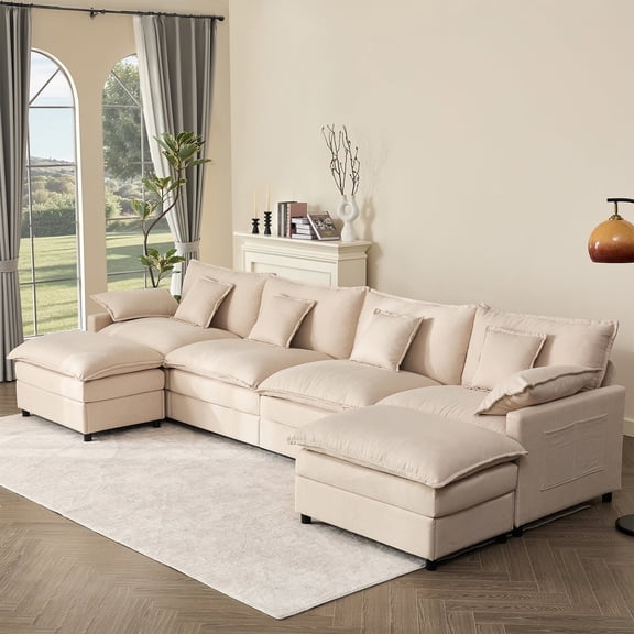 EJC 4-Seater Cozy U Shaped Couch, Modular Sectional Sofa, Comfy Soft Lazy Cloud Couch ,Modern, Adult, Linen,Beige