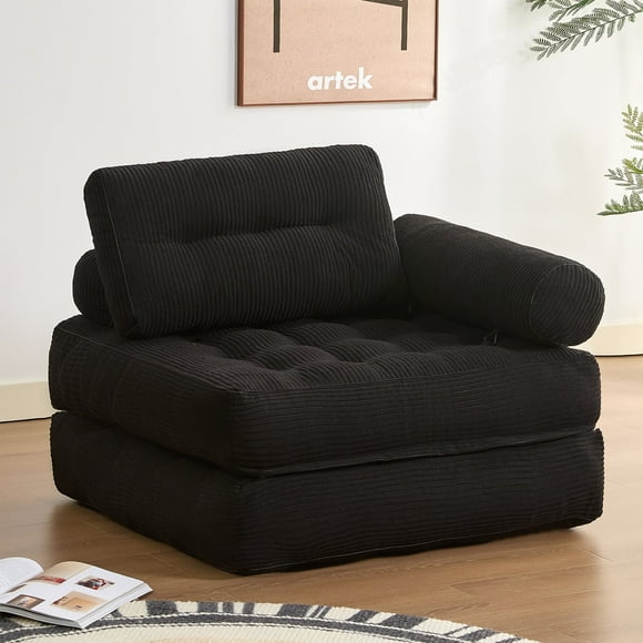 EJC Plus Foldable Futon Sofa Bed with Armrest & Pillow - Convertible Floor Couch for Small Spaces, Perfect for Adults & Families, Black
