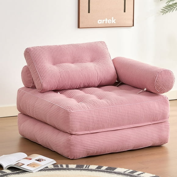 EJC Plus Foldable Futon Sofa Bed with Armrest & Pillow - Convertible Floor Couch for Small Spaces, Perfect for Adults & Families, Pink