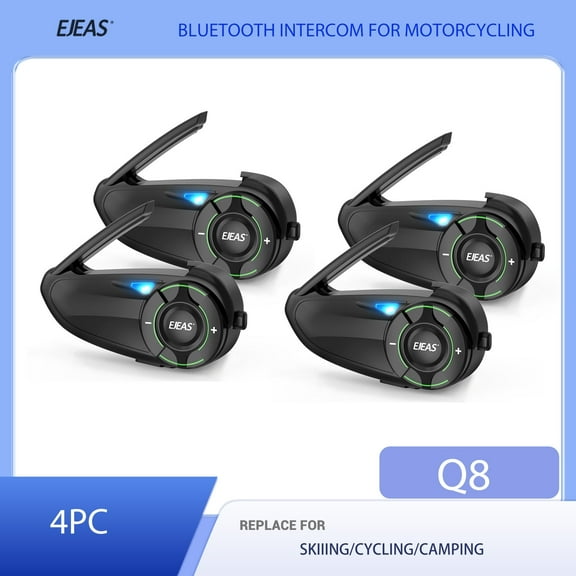 4PC EJEAS Q8 Motorcycle Bluetooth Headset Upgraded Mesh 3.0 Intercom for 6 Riders 1000m Group Talking Earphone