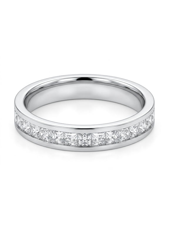 Silver Eternity Ring Cubic Zirconia Stainless Steel Size 5-10 Channel Set Princess Cut 3mm Stackable Band Unisex for Women Men Party Jewelry Gift