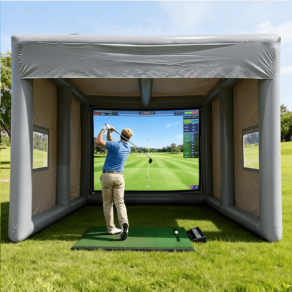 EJIA Portable Inflatable Golf Simulator Set 16x13ft Gray No Logo Indoor/Outdoor Golf Practice Swing Training Aid with Inflatable Tent & Pump