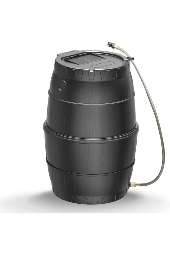 50 Gallon Black Rain Barrel Water Catcher - Collect Rainwater for Outdoor Use - Rain Collection Barrel with Spigot, Lid, and Hose