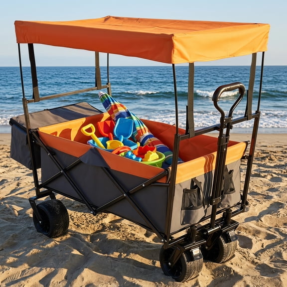 EJerilhxX 480Lbs Folding Wagon with Canopy & Mosquito Net, 7" All-Terrain Utility Cart