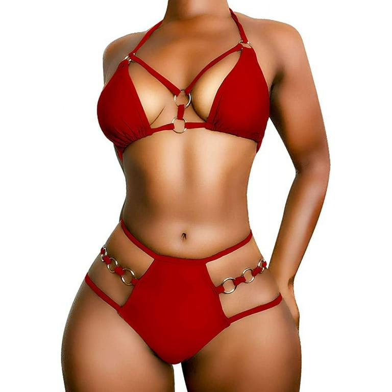 EJsoyo Womens Sexy Thong Bikini Swimsuits String Push up Padded Bathing  Suit 2 Piece Cheeky Swimwear with Metal Ring (Small, Red)